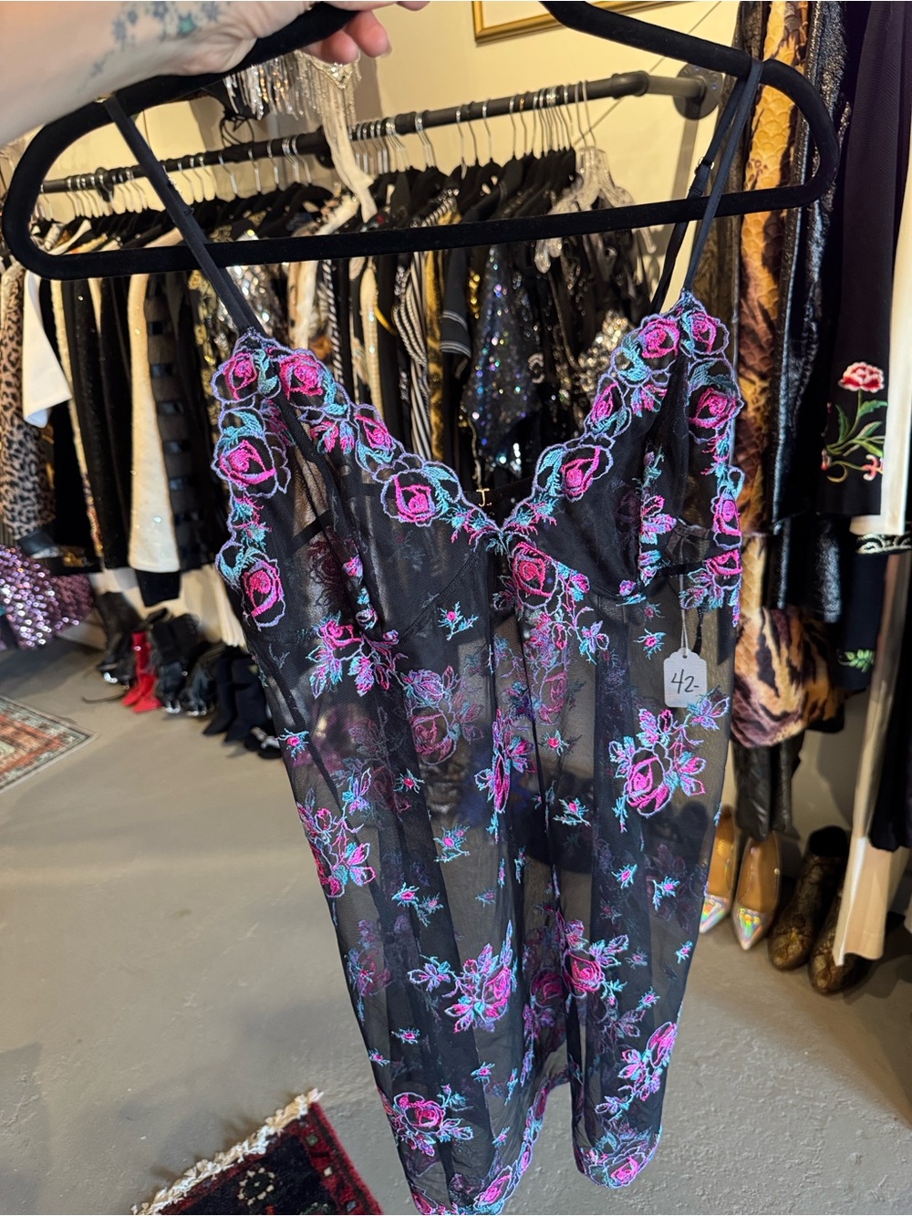Victoria's Secret Black Sheer Floral Embroidered Chemise with Pink & Teal Roses
